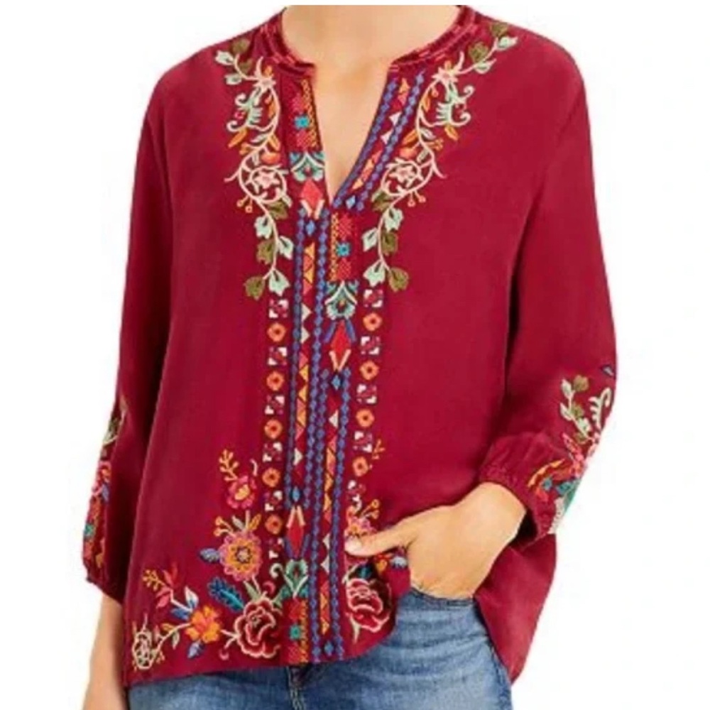 Johnny Was Workshop Eilona Paris Effortless Embroidered Boho Silk Blouse Size XL